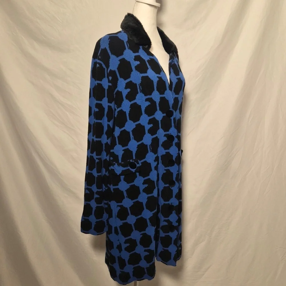 Michael Simon RARE Vintage Geometric Blue Faux Fur Collared Cardigan Sweater L